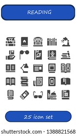 reading icon set. 25 filled reading icons.  Collection Of - Books, Book, Library, Desk lamp, Education, Glasses, Bookshelf, Newspaper, Magazine