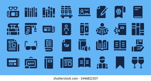 reading icon set. 32 filled reading icons. on blue background style Simple modern icons about  - Newspaper, Books, Education, Glasses, Blackboard, Book, Bookshelf, Phone book