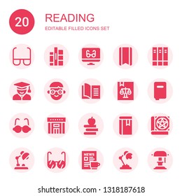 reading icon set. Collection of 20 filled reading icons included Glasses, Books, Reading mode, Bookmark, Student, Book, Library, Desk lamp, Newspaper