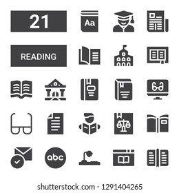 reading icon set. Collection of 21 filled reading icons included Book, Desk lamp, Abc, Read, Reading, Paper, Glasses, mode, College, Newspaper, Student, Dictionary