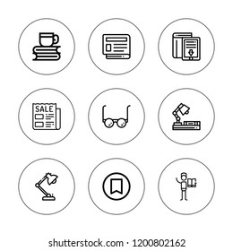 Reading icon set. collection of 9 outline reading icons with book, bookmark, desk lamp, glasses, newspaper icons. editable icons.