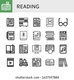 reading icon set. Collection of Book, Magazine, Newspaper, Glasses, Phone book, Books, Bookmark, Article, Reading, Music book, Digital Finance Open icons
