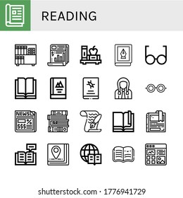 reading icon set. Collection of Magazine, Book, Newspaper, Glasses, Reading, Student, Books, Paper, Bookmark, Encyclopedia, Open book, Article icons