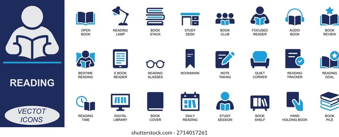 Lendo conjunto de ícones. Apresentando símbolos de livro, estudo, marcador, ebook, audiobook, leitor e prateleira. Perfeito para projetos de interface do usuário, aplicativos educacionais, planejadores e bibliotecas.