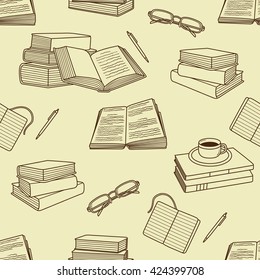 Reading icon set hand drawn vector. Big collection sketch objects. Doodle illustration library. Colorful seamless pattern