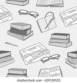 Reading icon set hand drawn vector. Big collection sketch objects. Doodle illustration library. Black and white seamless pattern