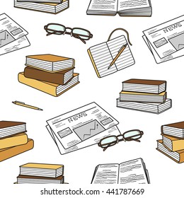 Reading icon set hand drawn vector. Big collection sketch objects. Doodle illustration library. Black and white seamless pattern