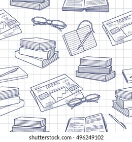 Reading icon set, hand drawn illustration vector. Big collection of sketch objects. Colorful seamless pattern with cartoon image of books. Navy blue and white wallpaper. Good for printing