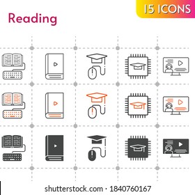 reading icon set. included chip, ebook, instructor, homework, elearning icons on white background. linear, bicolor, filled styles.