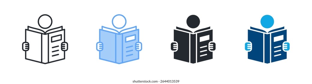 Conjunto de iconos de lectura de varios estilos. Diseño En Contorno, Azul, Glifo, Doble Tono