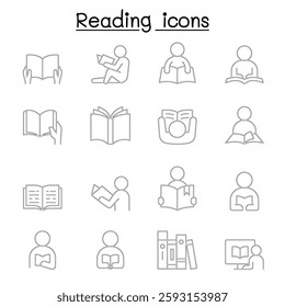 Reading icon set in thin line style