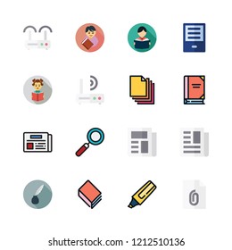 reading icon set. vector set about student, quill, newspaper and blank page icons set.