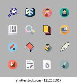 reading icon set. vector set about magnifying glass, newspaper, ebook and e reader icons set.