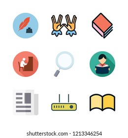 reading icon set. vector set about e reader, student, router and magnifying glass icons set.