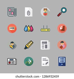 reading icon set. vector set about router, bars code, newspaper and document icons set.