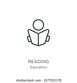Reading icon. Thin linear reading outline icon isolated on white background from education collection. Line vector sign, symbol for web and mobile