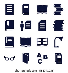 reading icons set. Set of 16 reading filled icons such as book, news, table lamp, photo album, man and document, document, ABC, glasses