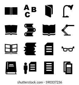 reading icons set. Set of 16 reading filled icons such as book, news, table lamp, photo album, man and document, document, ABC, glasses