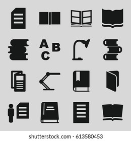 Reading icons set. set of 16 reading filled icons such as book, news, table lamp, photo album, man and document, document, ABC