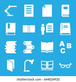 Reading icons set. set of 16 reading filled icons such as book, table lamp, photo album, man and document, document, abc, glasses