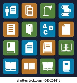 Reading icons set. set of 16 reading filled icons such as book, news, table lamp, photo album, man and document, document, abc