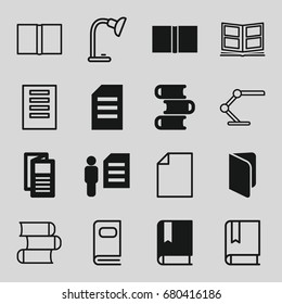 Reading icons set. set of 16 reading filled and outline icons such as news, book, man and document, table lamp, photo album, paper