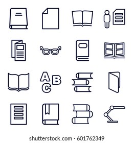 reading icons set. Set of 16 reading outline icons such as book, news, table lamp, photo album, ABC, glasses, paper, man and document