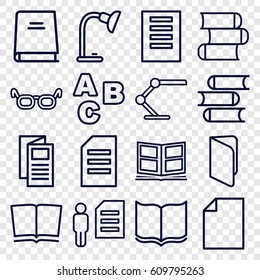Reading icons set. set of 16 reading outline icons such as book, news, table lamp, photo album, paper, ABC, glasses, man and document
