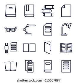 Reading icons set. set of 16 reading outline icons such as book, news, table lamp, photo album, paper, glasses, man and document