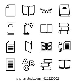Reading icons set. set of 16 reading outline icons such as book, table lamp, photo album, paper, ABC, glasses, man and document