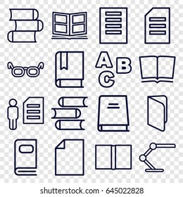 Reading icons set. set of 16 reading outline icons such as book, table lamp, photo album, paper, abc, glasses, man and document