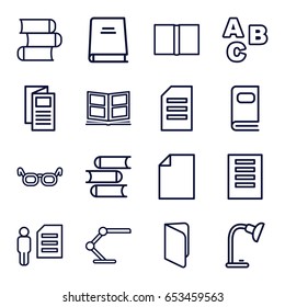 Reading icons set. set of 16 reading outline icons such as book, news, table lamp, photo album, paper, abc, glasses, man and document