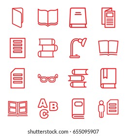 Reading icons set. set of 16 reading outline icons such as book, news, table lamp, photo album, paper, abc, glasses, man and document