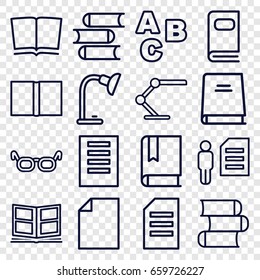 Reading icons set. set of 16 reading outline icons such as book, table lamp, photo album, paper, abc, glasses, man and document