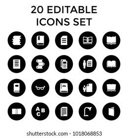 Reading icons. set of 20 editable filled reading icons such as book, news, paper, abc, glasses, man and document, document. best quality reading elements in trendy style.