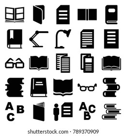 Reading icons. set of 25 editable filled reading icons such as book, news, paper, abc, glasses, man and document, document, table lamp