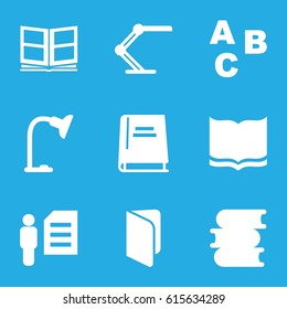 Reading icons set. set of 9 reading filled icons such as book, table lamp, photo album, man and document
