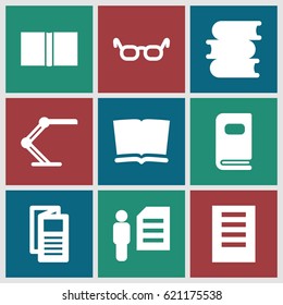 Reading icons set. set of 9 reading filled icons such as book, news, table lamp, photo album, man and document, document