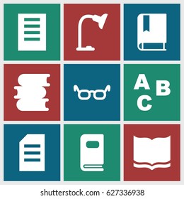 Reading icons set. set of 9 reading filled icons such as book, table lamp, photo album, document, ABC, glasses