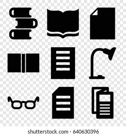 Reading icons set. set of 9 reading filled icons such as book, news, table lamp, document, glasses