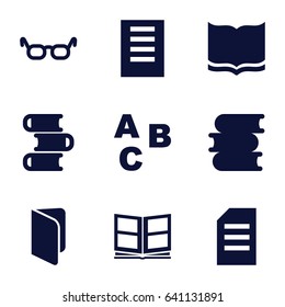 Reading icons set. set of 9 reading filled icons such as book, photo album, document, abc, glasses