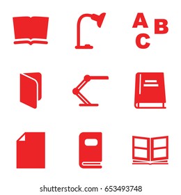 Reading icons set. set of 9 reading filled icons such as table lamp, photo album, book, abc