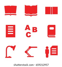 Reading icons set. set of 9 reading filled icons such as book, table lamp, photo album, man and document, document