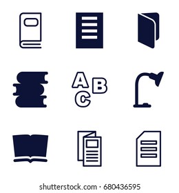 Reading icons set. set of 9 reading filled and outline icons such as book, table lamp, document, news, photo album, paper