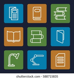 reading icons set. Set of 9 reading outline icons such as book, news, table lamp, photo album