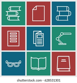 Reading icons set. set of 9 reading outline icons such as book, news, table lamp, glasses, paper