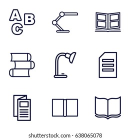 Reading icons set. set of 9 reading outline icons such as book, news, table lamp, photo album, paper