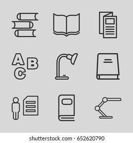 Reading icons set. set of 9 reading outline icons such as book, news, table lamp, photo album, abc
