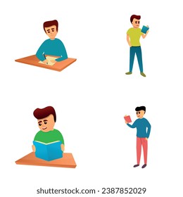 Leer iconos establece el vector de dibujos animados. Un joven leyó un libro de papel. Formación, educación, pasatiempo