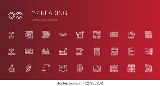 reading icons set. Collection of reading with book, open book, paper, student, books, bookshelf, newspaper, literature, bookworm, glasses. Editable and scalable reading icons.